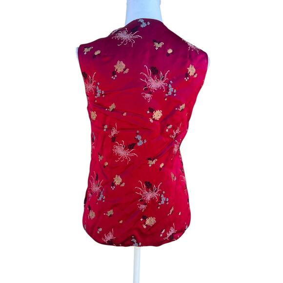 Vintage Women's Chinese Quilted Satin Brocade Waistcoat Red With Pockets Size L - Picture 2 of 6